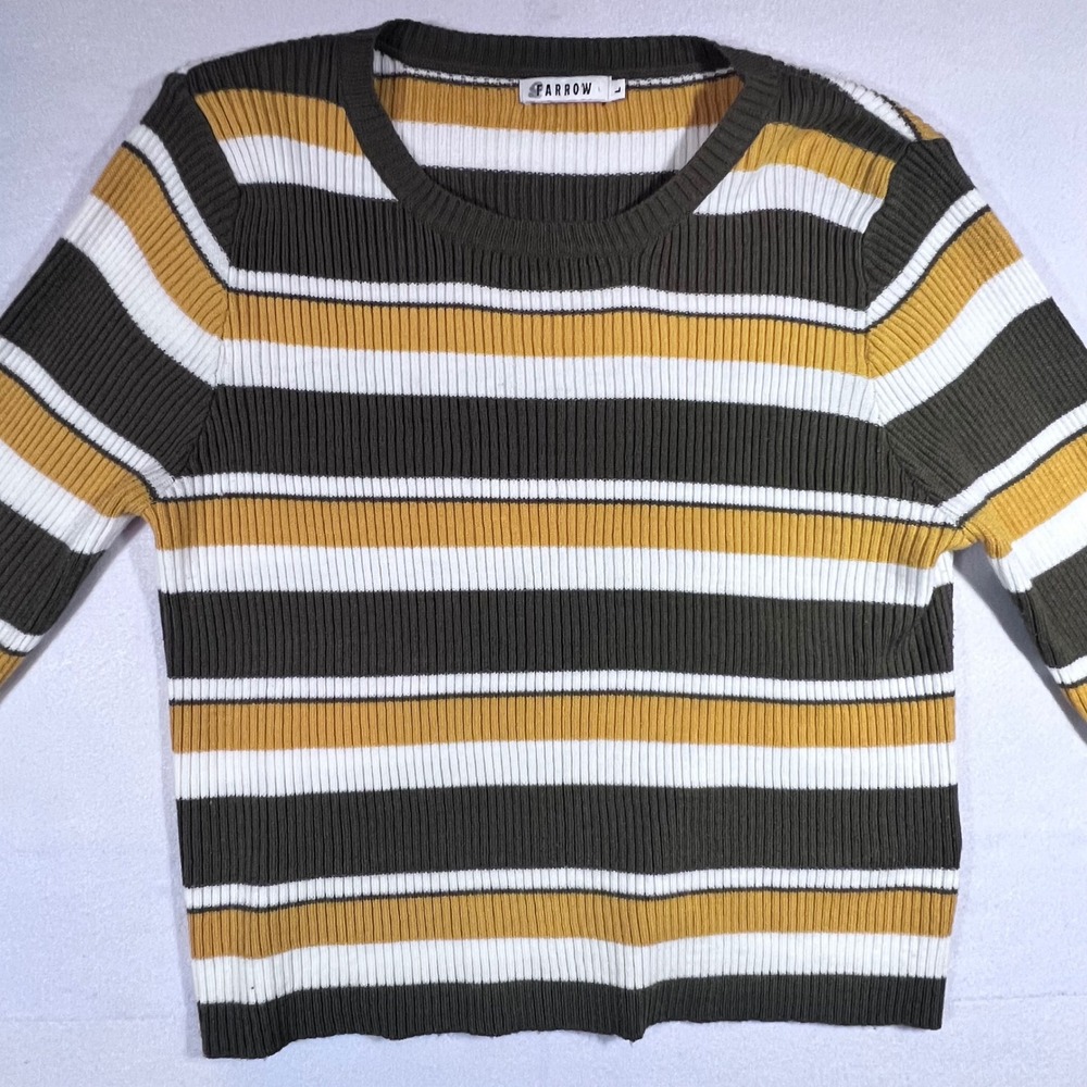 Farrow Striped Ribbed Knit Ruffle Cuff Sweater Olive Green Yellow White Large